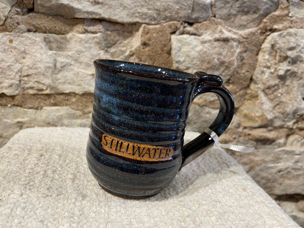 Specialty Stillwater Mugs with thumbprint on handle: blue or white